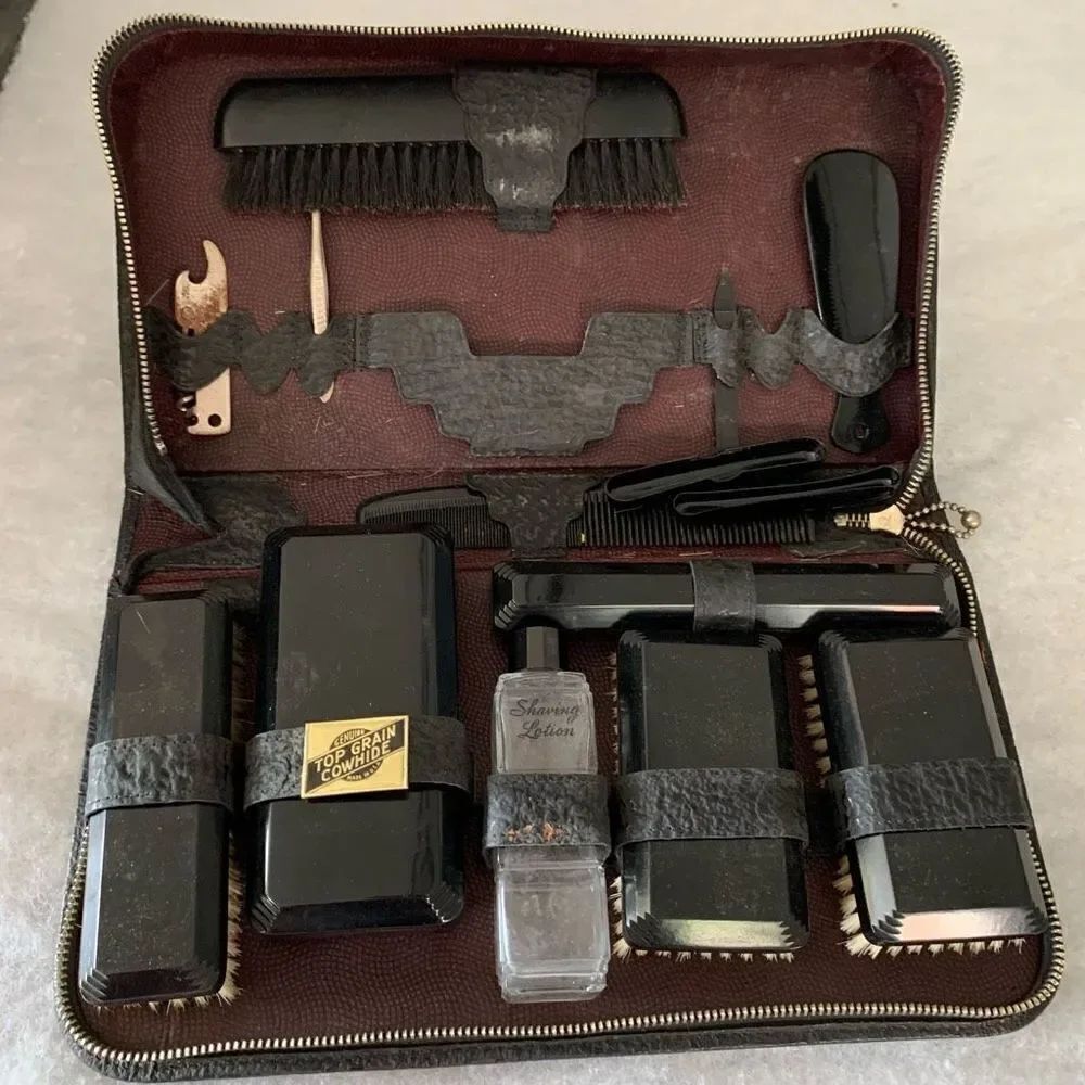 Vintage Genuine Top Grain Leather Men’s Grooming Kit Made in USA
